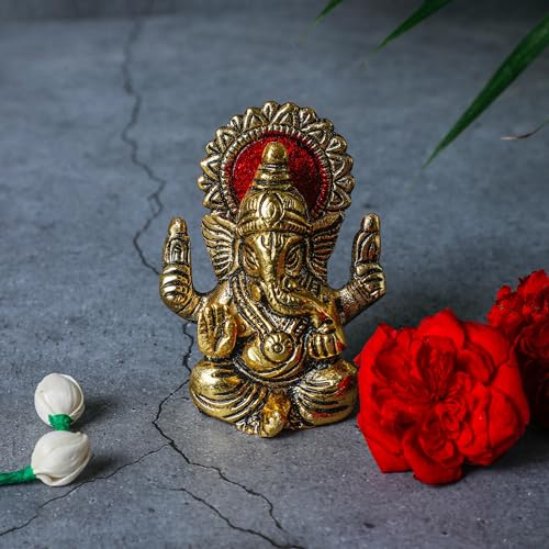 Desi Favors Brass Plated Ganesha Idol | Natural Gold Mini Hindu Lord Ganesha Figurine for Car Dashboard, Temple Home Decor, Diwali Pooja Gifts | Indian God Mandir Gift, 2.5x3 Inch (Pack of 1) - style: Brass Plated Ganesha Idol
