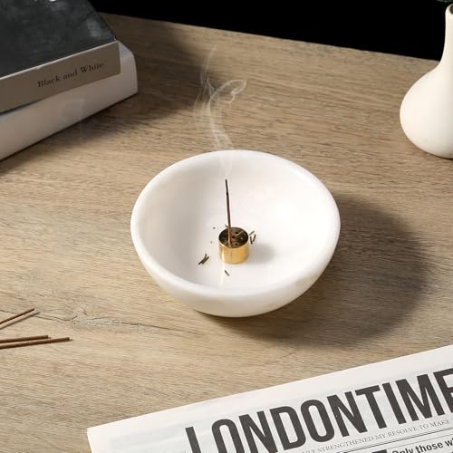 Koville Natural Marble Incense Holder, Incense Holder for Sticks with 9 Holes, Handmade Incense Burner Ash Catcher for Meditation Yoga SPA, Balsam Fir/Palo Santo/Sage/Cone (White) - color: D=130-white