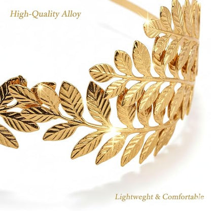 5 Pcs Greek Goddess Costume Accessories Set for Women, Gold Laurel Leaf Crown Headband, Adjustable Leaf Arm Cuffs & Dangle Earrings, Roman Toga Party Costume Set for Bridal Wedding Halloween Cosplay - style: Classic
