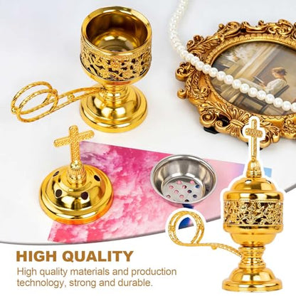 1 PCS Catholic Church Incense Holder with Cross Lid, Home&Altar Incense Burner, Charcoal Censer Incense Burner, Unique Meditation Gift, Frankincense Resin Bakhoor Burner (Gold)