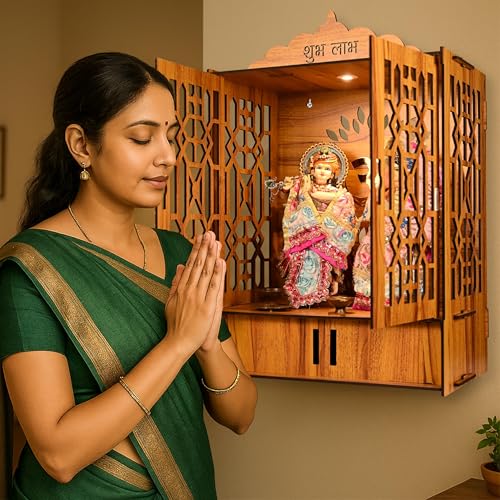 Wooden Pooja Mandir with Golden Om, Laser Cut Design, Light Weight, 21.2 inches high x 16.5 inches Wide x 10.2 inches deep