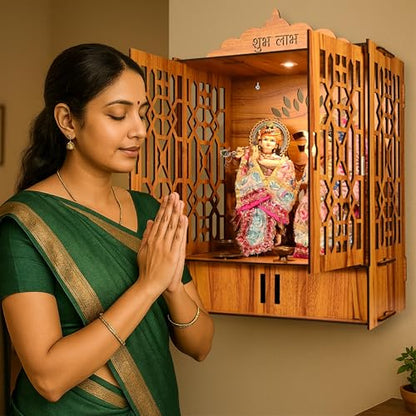 Wooden Pooja Mandir with Golden Om, Laser Cut Design, Light Weight, 21.2 inches high x 16.5 inches Wide x 10.2 inches deep