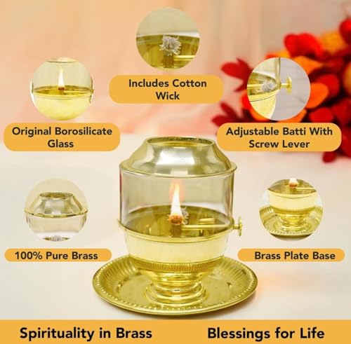 Pure Brass Akhand Jyot Diya with Glass Cover and Attached Plate – 48-Hour Long Burning Oil Lamp for Puja, Aarti, Temple, Meditation – 250ml Capacity, Adjustable Wick, Gold Finish Mandir Decor - Medium - size: Medium With Plate