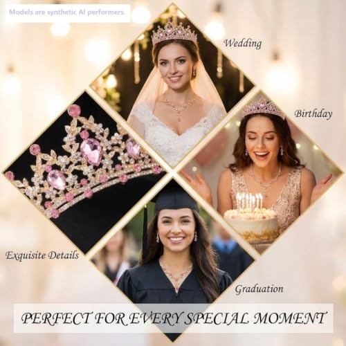 Kamirola Tiaras and Crowns for Women,Tiaras Earrings Necklace, Crystal Bridal Jewelry Set, Costume Party Halloween Prom Pageant Jewelry for Women(TR45) - color: Gold Pink