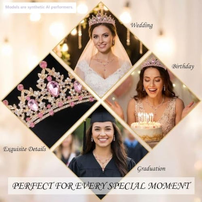 Kamirola Tiaras and Crowns for Women,Tiaras Earrings Necklace, Crystal Bridal Jewelry Set, Costume Party Halloween Prom Pageant Jewelry for Women(TR45) - color: Gold Pink