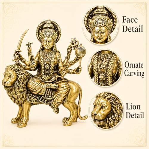 Brass Sherawali Vaishno devi Ma Durga Statue with Lion Mount Height 4" inch (Approx.) , Antique Gold Finish, Religious Hindu Idol for home temple mandir pooja room or home decor , navratri durga pooja