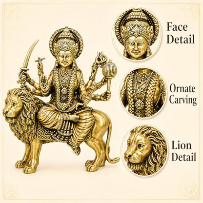 Brass Sherawali Vaishno devi Ma Durga Statue with Lion Mount Height 4" inch (Approx.) , Antique Gold Finish, Religious Hindu Idol for home temple mandir pooja room or home decor , navratri durga pooja