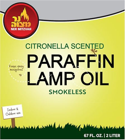 Ner Mitzvah Citronella Scented Lamp Oil, 2 Liter Smokeless and Odorless Insect and Mosquito Repellent Paraffin Lamp Oil for Indoor and Outdoor, Torches and Oil Candle - size: 67 Ounces (2 Liters)