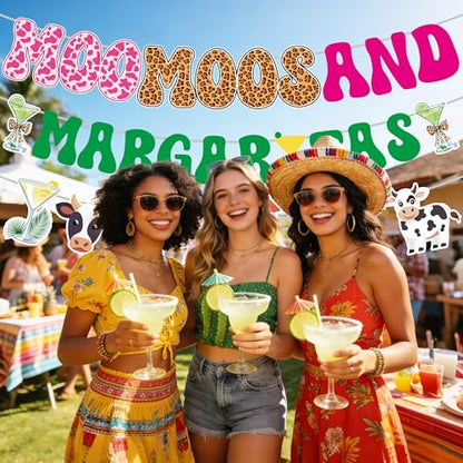 Moo Moos and Margaritas Party Decorations, Cow Print Banner Set - color: Moo Moos Margaritas