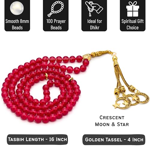 Amazing Gemstone Crystal Tasbeeh with Moon and Star Charm - Certified Crystal Muslim Prayer Beads Natural Gemstone Tasbih Gift for Ramadan Dhikr and Daily Namaz (G) - color: Ruby Jade (dye)
