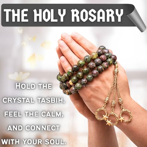 Amazing Gemstone Crystal Tasbeeh with Moon and Star Charm - Certified Crystal Muslim Prayer Beads Natural Gemstone Tasbih Gift for Ramadan Dhikr and Daily Namaz (G) - color: Dragon Bloodstone