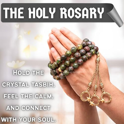 Amazing Gemstone Crystal Tasbeeh with Moon and Star Charm - Certified Crystal Muslim Prayer Beads Natural Gemstone Tasbih Gift for Ramadan Dhikr and Daily Namaz (G) - color: Dragon Bloodstone