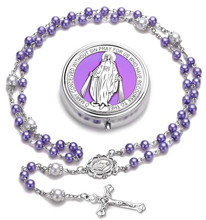 Rosary for Women with Case and 18pcs Prayer Cards, First Communion Gifts for Girls, Glass Pearl Beads and Virgin Mary Medal, Catholic Gifts - color: Purple
