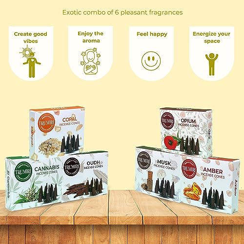 TRUMIRI Exotic Incense Cones - Variety Pack - Total 60 Cone Incense (6 Scents x 10 Conos) - Copal, Oud, Musk, Amber - Cone Incense Scents - Insense Cones - Incent Cone - color: Exotic