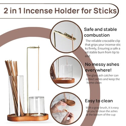 2 in 1 Incense Holder for Sticks with Glass Ash Catcher, Anti-ash Incense Burner for Yoga Meditation Spa Room Decor, Includes Ash Brush