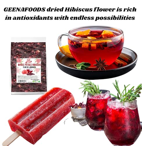 Geenafoods Dried Hibiscus Flowers _ 1lb Whole Petals, Flor de Jamaica- by Geenafoods in Resealable Bag.Pure Whole 100% NATURAL Petals Hibiscus flower , Flor de Jamaica, Sabdariffa. 16 oz loose tealeaf for Bissap, sobolo , zobo ,Sorrel,Herbal Tea, Agua Fre