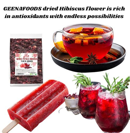 Geenafoods Dried Hibiscus Flowers _ 1lb Whole Petals, Flor de Jamaica- by Geenafoods in Resealable Bag.Pure Whole 100% NATURAL Petals Hibiscus flower , Flor de Jamaica, Sabdariffa. 16 oz loose tealeaf for Bissap, sobolo , zobo ,Sorrel,Herbal Tea, Agua Fre