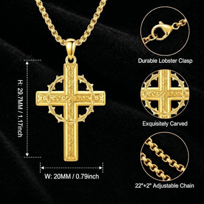 ROMANTICWORK Cross Pendant Necklace 14k Gold Plating Christian Crucifix Necklace Religious Confirmation Jewelry Gifts for Men Women - color: Crown of Thorns Cross