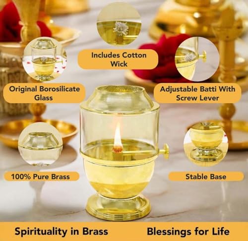 Pure Brass Akhand Jyot Diya with Borosilicate Glass Cover - Small Size Adjustable Wick Lever 250ml Oil Capacity 48-Hour Burn Time Authentic Oil Lamp for Prayer and Meditation - Gold - size: Small Without Plate