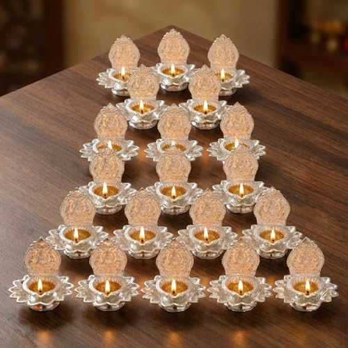LoveNspire Lakshmi Silver Plated Diya Kamakshi Deepam Kamatchi Vilakku Samai Laksahmi Oil Lamp Diwali Decoration Hindu Puja Religious Home Decor Pooja Housewarming Wedding Return Gift 20 PC (3.5 Inch) - style: Pack Of 20