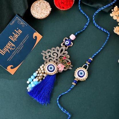 Premium Designer Bhaiya Bhabhi Rakhi Set with Lumba, Greeting Card, Roli Chawal & Fridge Magnet - color: Design-4