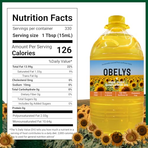 Obelys High Oleic Sunflower Oil | 1.3 Gallon Jug - Neutral Oil For Medium to High Heat Cooking, Non-GMO, Kosher, Cholesterol Free | 5L / 169 Oz - size: 169 Fl Oz (Pack of 1)