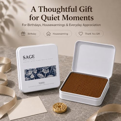 Natural White Sage Incense Sticks with Gold Holder & Storage Tin Box - color: Sage