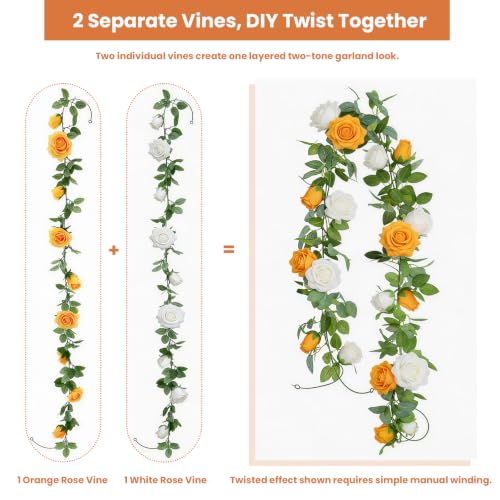 GREENTIME 2Pack Orange White Flower Garland Each 6.5FT Fake Rose Garland - color: Orange White
