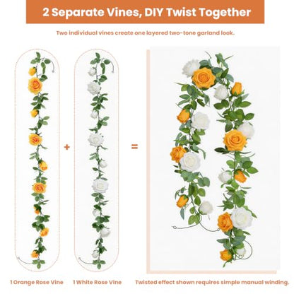 GREENTIME 2Pack Orange White Flower Garland Each 6.5FT Fake Rose Garland - color: Orange White