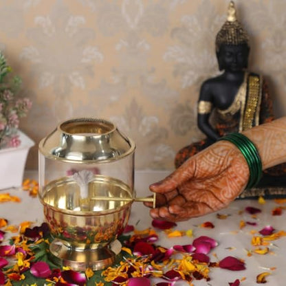Pure Brass Akhand Jyot Diya with Borosilicate Glass Cover - Medium Size Adjustable Wick Lever 250ml Oil Capacity 48-Hour Burn Time Authentic Oil Lamp for Prayer and Meditation - Gold - size: Medium Without Plate