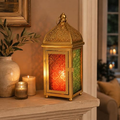 TRIROCKS 12 Inch Gold Moroccan Candle Lantern, Metal Hanging Candle Holder - size: 5*12"H