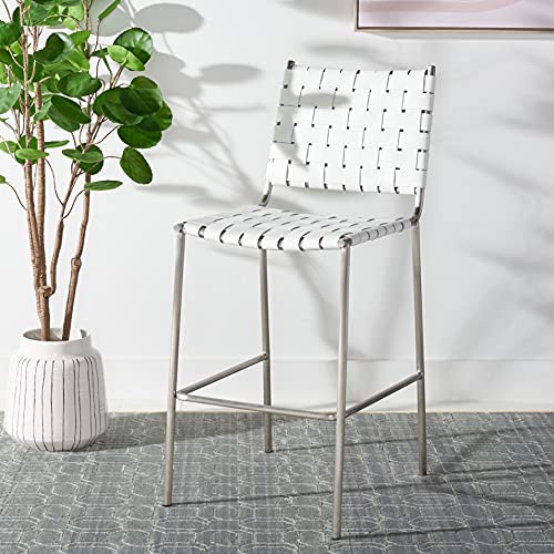 SAFAVIEH Home Collection Bahari White Woven Leather/Silver Woven 26-inch Kitchen Island Breakfast Nook Counter Stool (Fully Assembled) - color: White/Silver