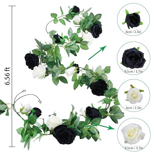 GREENTIME 2Pack 6.5FT Black White Artificial Flower Garland Fake Rose Vines - color: Black White