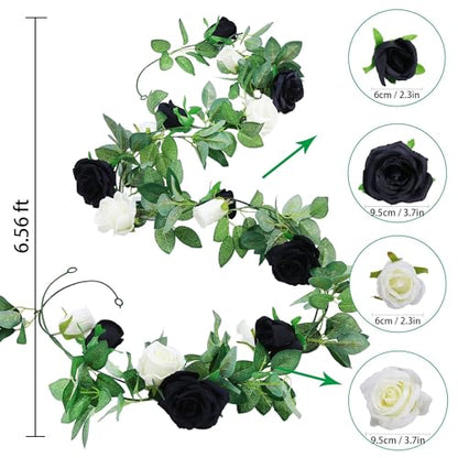 GREENTIME 2Pack 6.5FT Black White Artificial Flower Garland Fake Rose Vines - color: Black White
