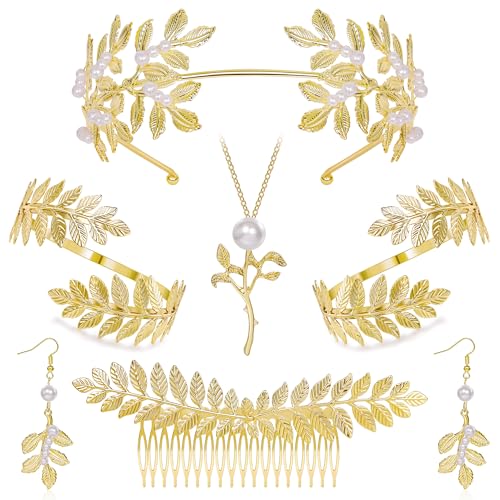 NICEIGHT 7Pcs Greek Goddess Costume Accessories for Women Gold Greek Leaf Crown Upper Arm Cuff Artificial Leaf Drop Earrings Necklace Golden Laurel Leaf Bridal Hair Comb for Wedding Cosplay Party - color: Gold-B