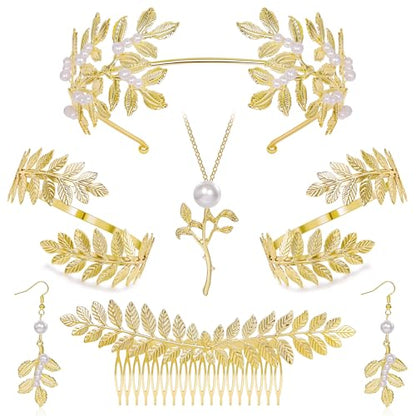 NICEIGHT 7Pcs Greek Goddess Costume Accessories for Women Gold Greek Leaf Crown Upper Arm Cuff Artificial Leaf Drop Earrings Necklace Golden Laurel Leaf Bridal Hair Comb for Wedding Cosplay Party - color: Gold-B