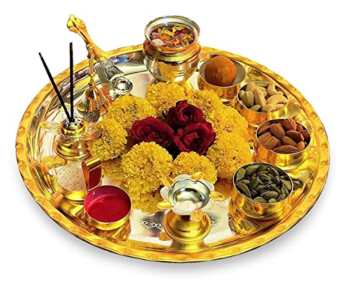 NOBILITY Pooja Thali Set Gold and Silver Plated Large 12 Inch Puja Thali for Diwali Decoration Gift Items Festival Ethnic Puja Thali for Temple Office Home Wedding Return Gifts
