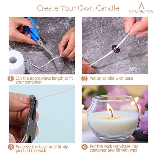 BEADNOVA Braided Candle Wick Spool with Base Set 200 ft Cotton Candle String Roll and 300pcs Wick Clips Sustainer Tabs for Making DIY