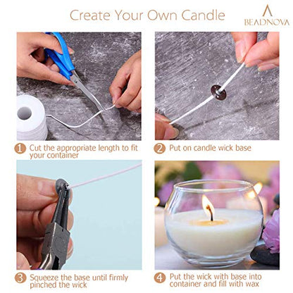 BEADNOVA Braided Candle Wick Spool with Base Set 200 ft Cotton Candle String Roll and 300pcs Wick Clips Sustainer Tabs for Making DIY