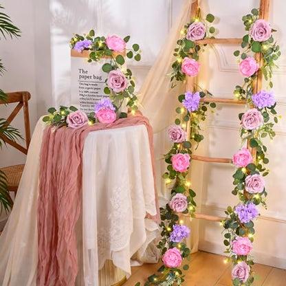 Livole 2Pcs 12 Ft Flower Garland with Light, Pink Peony Floral Garland - color: Pink With Light, size: 2Pcs
