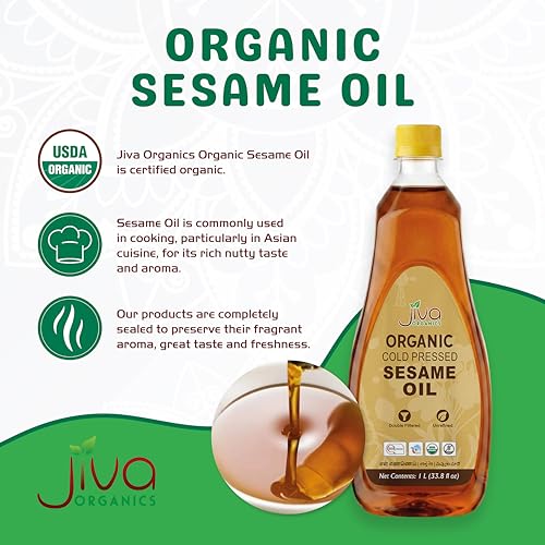 Jiva Organics Organic Sesame Oil 1 Liter Bottle - Ideal for Ayurveda & Cooking, From Organic Seeds, 100% Natural & Non-GMO - size: 33.8 Fl Oz (Pack of 1)