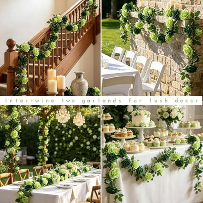 GREENTIME 2Pack 6.5FT Mixed Green Artificial Flower Garland Fake Rose Vines - color: Light Emerald Green