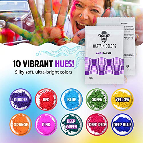 10 Colors x 100gram Each - Holi Color Powder, 10 Natural Powders for Color Wars, Fun Runs, Summer Camps, Festivals, 5k Marathons, Gender Reveals, Parties, Fundraisers, and Rangoli - (100gram Each)