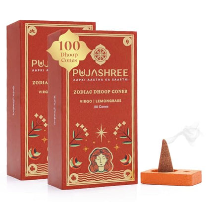 Pujashree Zodiac Dhoop Cones for Pooja - Organic & Natural Long Lasting Woody Aroma Fragrance Incense Sticks Mandir Puja (Virgo (Lemongrass))