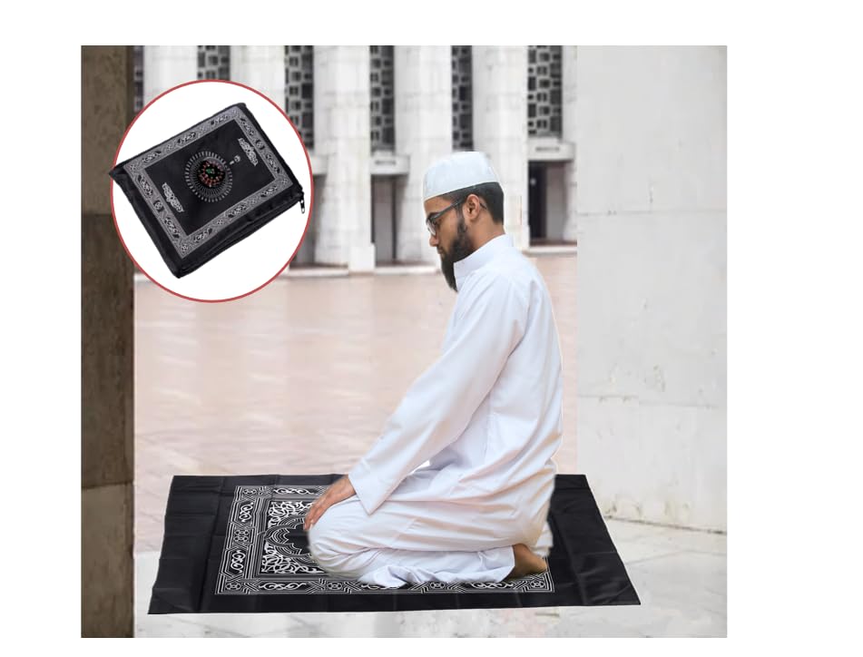 1 Pieces Islamic Prayer Mat,Muslim Prayer Carpet,with Compass Pocket Sized Carry Bag,Muslim Travel Prayer Mat and Attached Compass,Islamic Prayer Rug,with Compass,Black