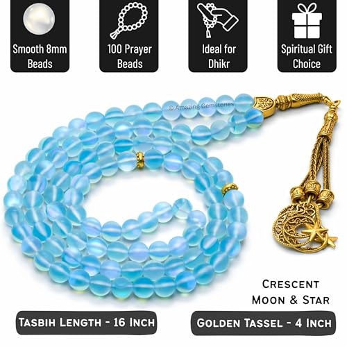 Amazing Gemstone Crystal Tasbeeh with Moon and Star Charm - Certified Crystal Muslim Prayer Beads Natural Gemstone Tasbih Gift for Ramadan Dhikr and Daily Namaz (G) - color: Blue Mermaid Glass