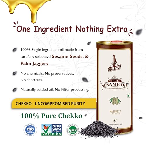 Chekko Cold Pressed Sesame Oil (Virgin, Kachi Ghani, Chekku) - 1L - 2 Pack - size: 33.8 Fl Oz (Pack of 2)