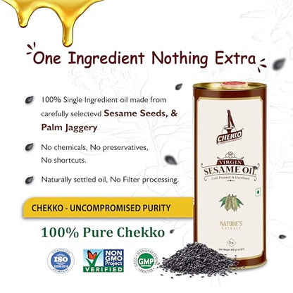 Chekko Cold Pressed Sesame Oil (Virgin, Kachi Ghani, Chekku) - 1L - 2 Pack - size: 33.8 Fl Oz (Pack of 2)