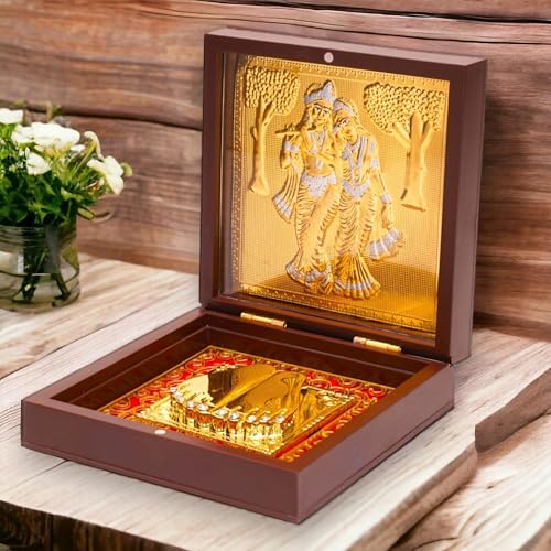 LOVENSPIRE Gold Plated Hindu Idol with Charan Paduka – Spiritual Photo Frame for Home Temple, Office Decor | Indian Return Gift for Housewarming, Diwali Pooja & Weddings Radha Krishna - color: Radha Krishna