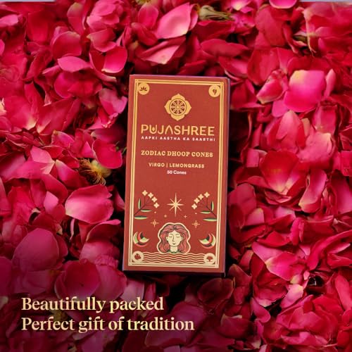 Pujashree Zodiac Dhoop Cones for Pooja - Organic & Natural Long Lasting Woody Aroma Fragrance Incense Sticks Mandir Puja (Virgo (Lemongrass))